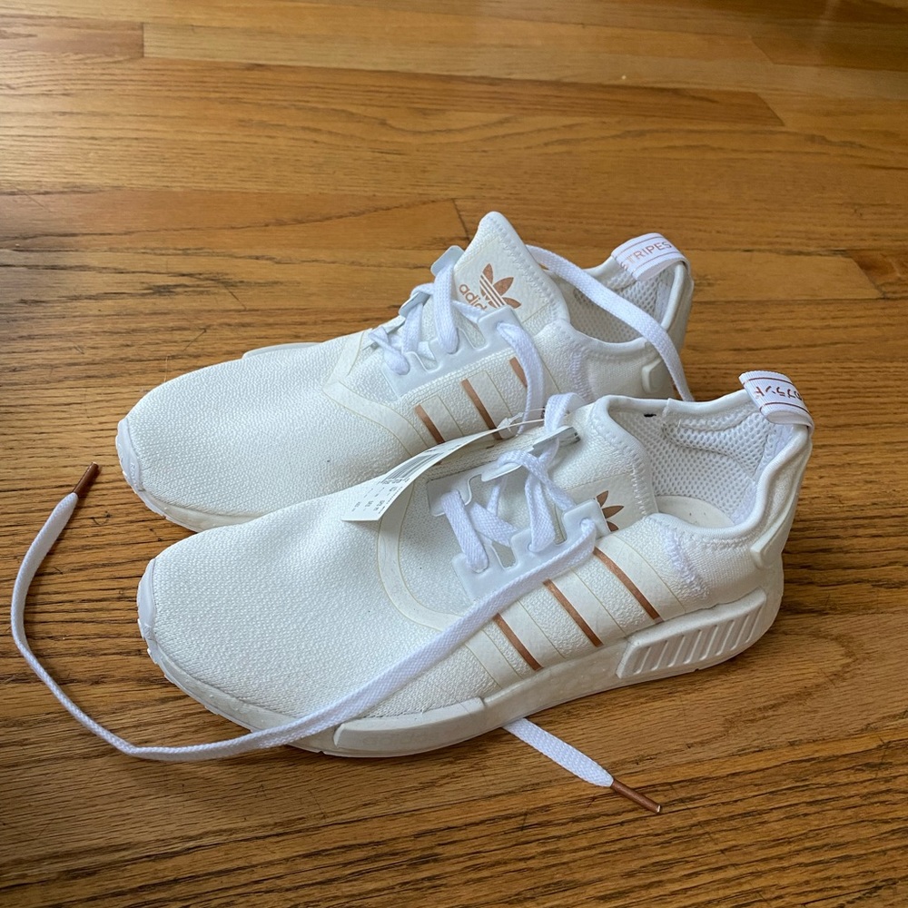 White and gold Adidas NMD_R1 W size 8.5, NEVER WORN (new with tags)